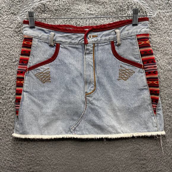 JouJou Dresses & Skirts - JOUJOU Denim Skirt Women's Small? Embroidered Native American Accents Distressed
